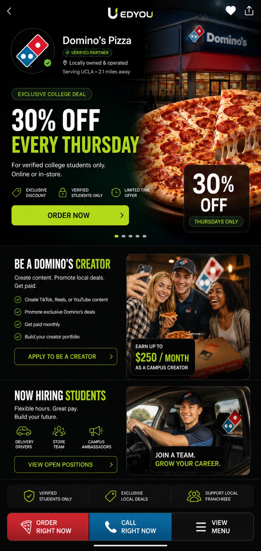 Sample EDYOU Brand Merchant page: offers, creator opportunities and campus hiring