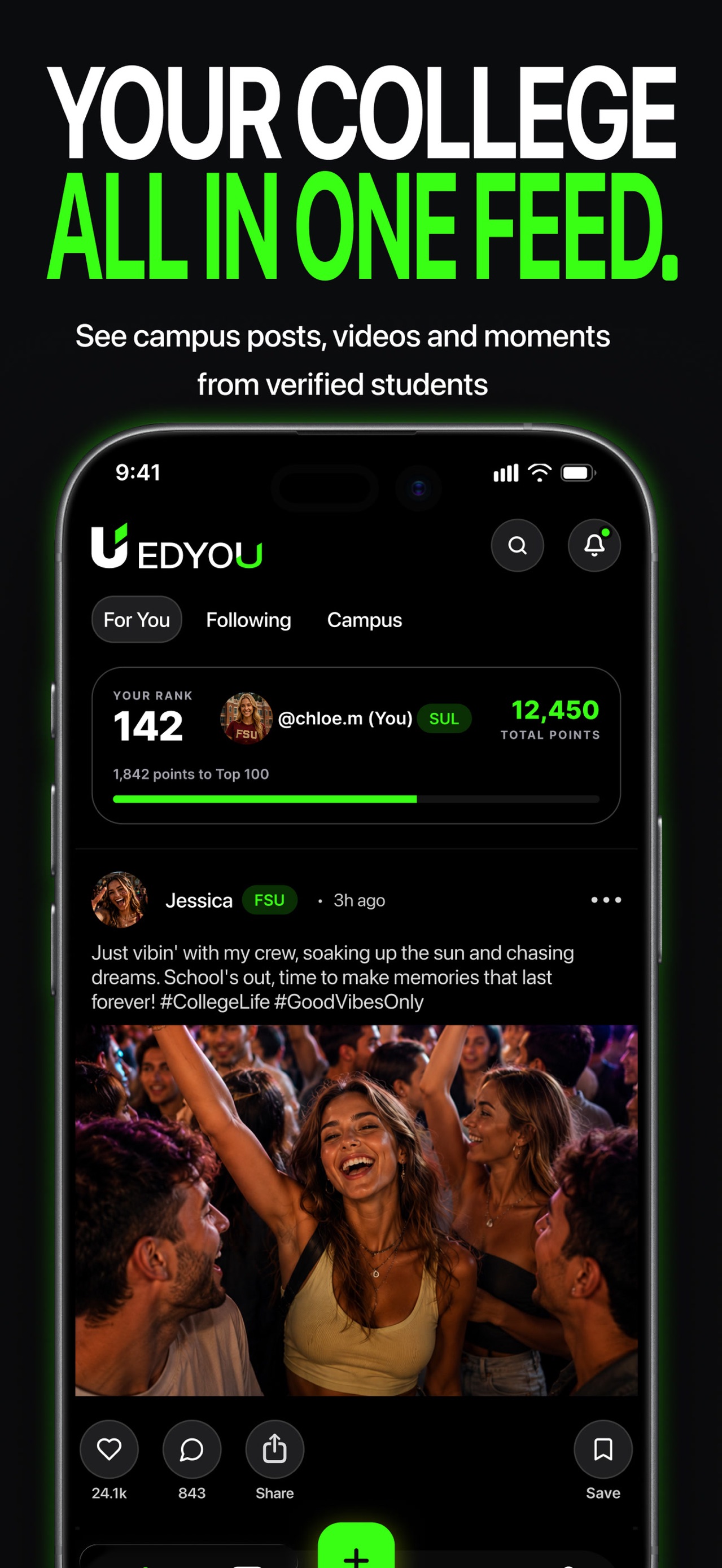 EDYOU app screenshot: the home feed with For You, Following and Campus tabs showing campus posts from verified students.