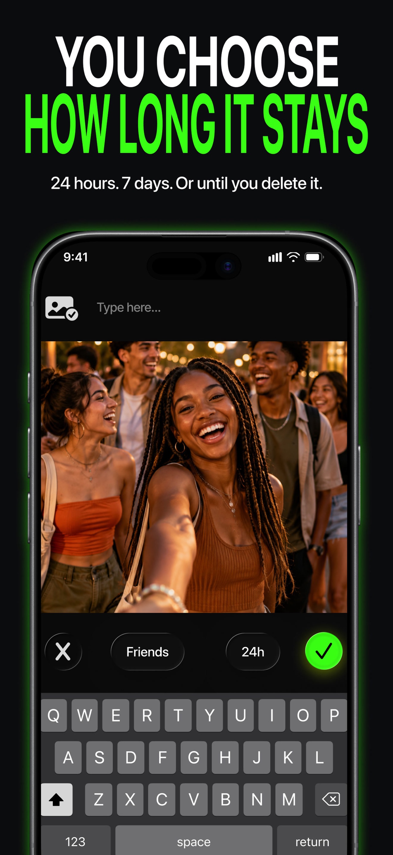 EDYOU app screenshot: post duration selection, 24 hours, 7 days, or until you delete it.