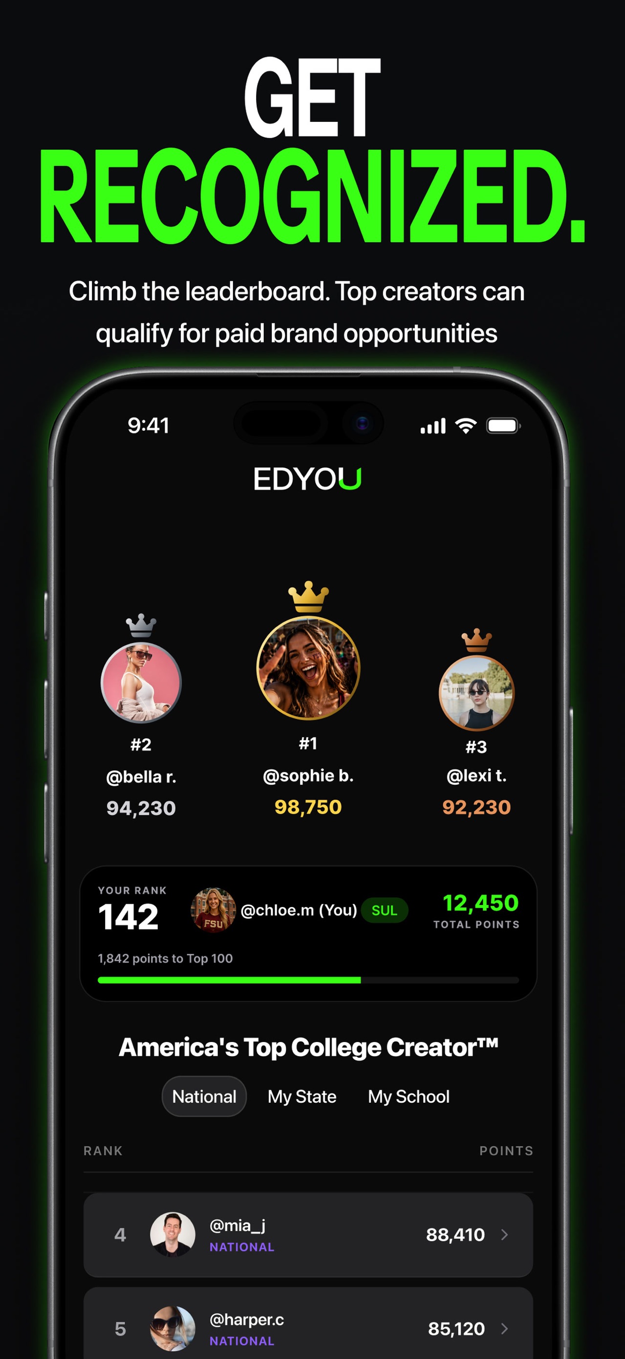 EDYOU app screenshot: the leaderboard with school, state and national rankings for America’s Top College Creator.
